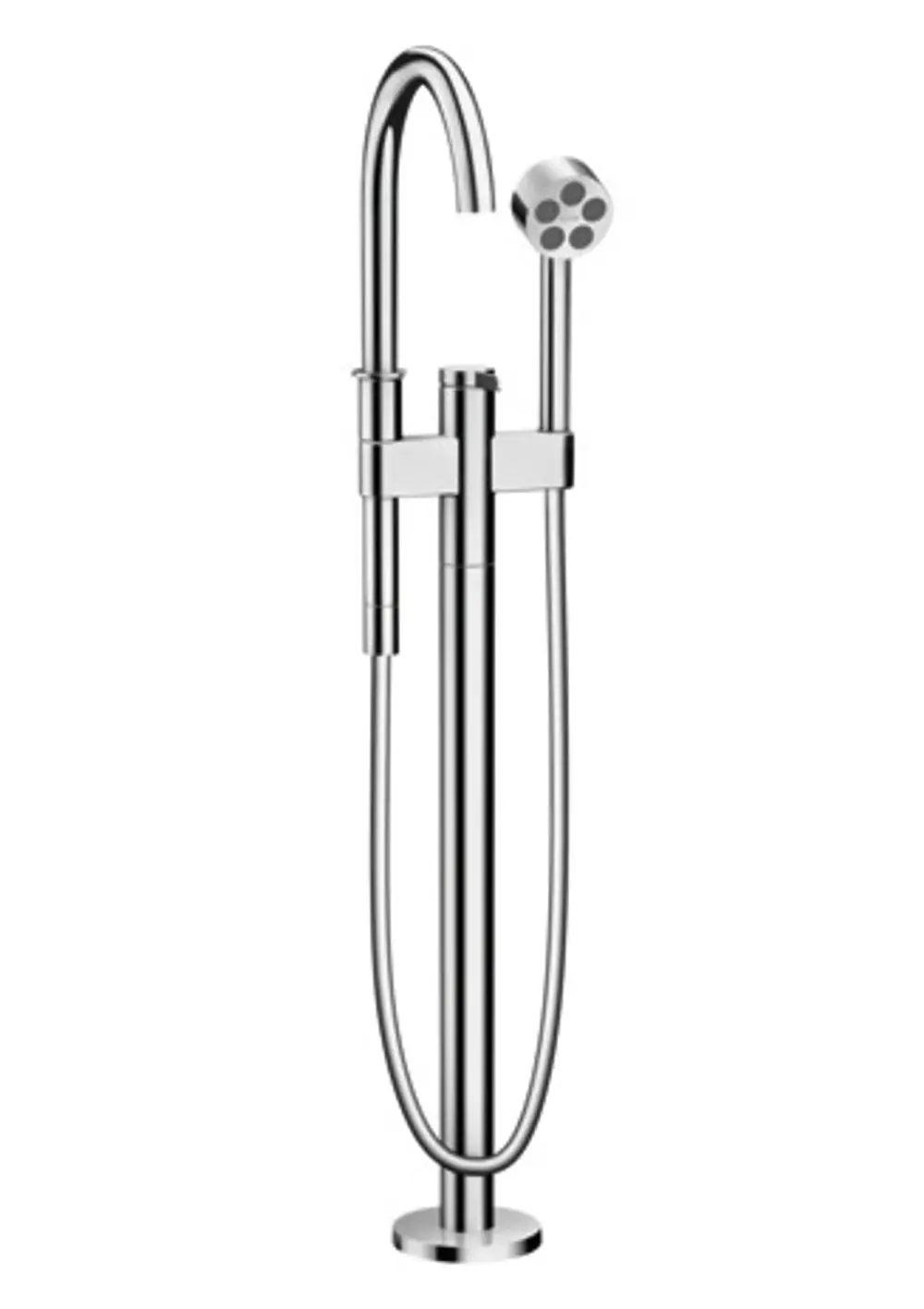 Chromfarbener, bodenstehender Einhebel-Wannenmischer von AXOR mit flexibler Handbrause und klaren Linien für eine moderne Badezimmergestaltung.